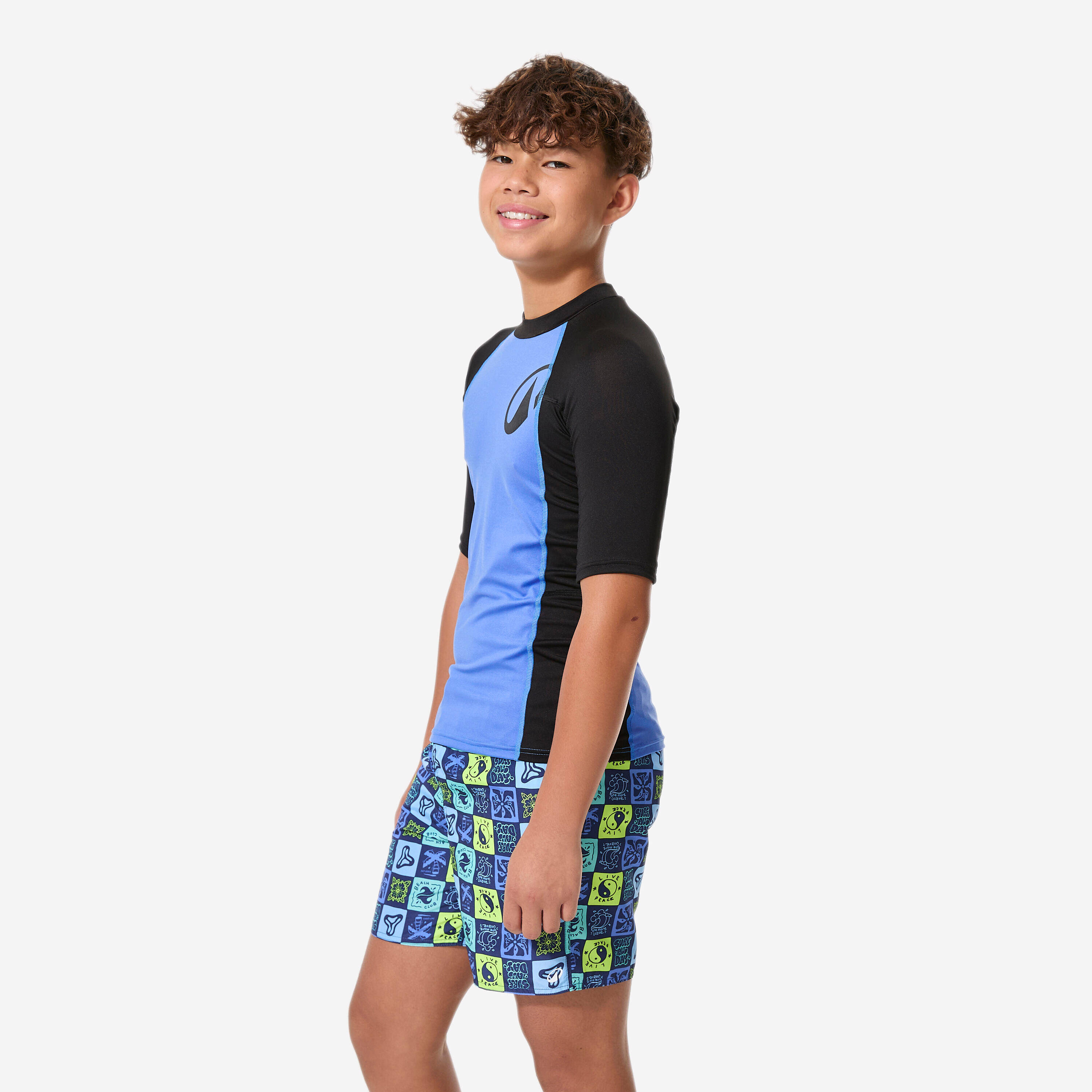 Boys’ surfing short sleeve UV-protection top, 500 black and blue -  5