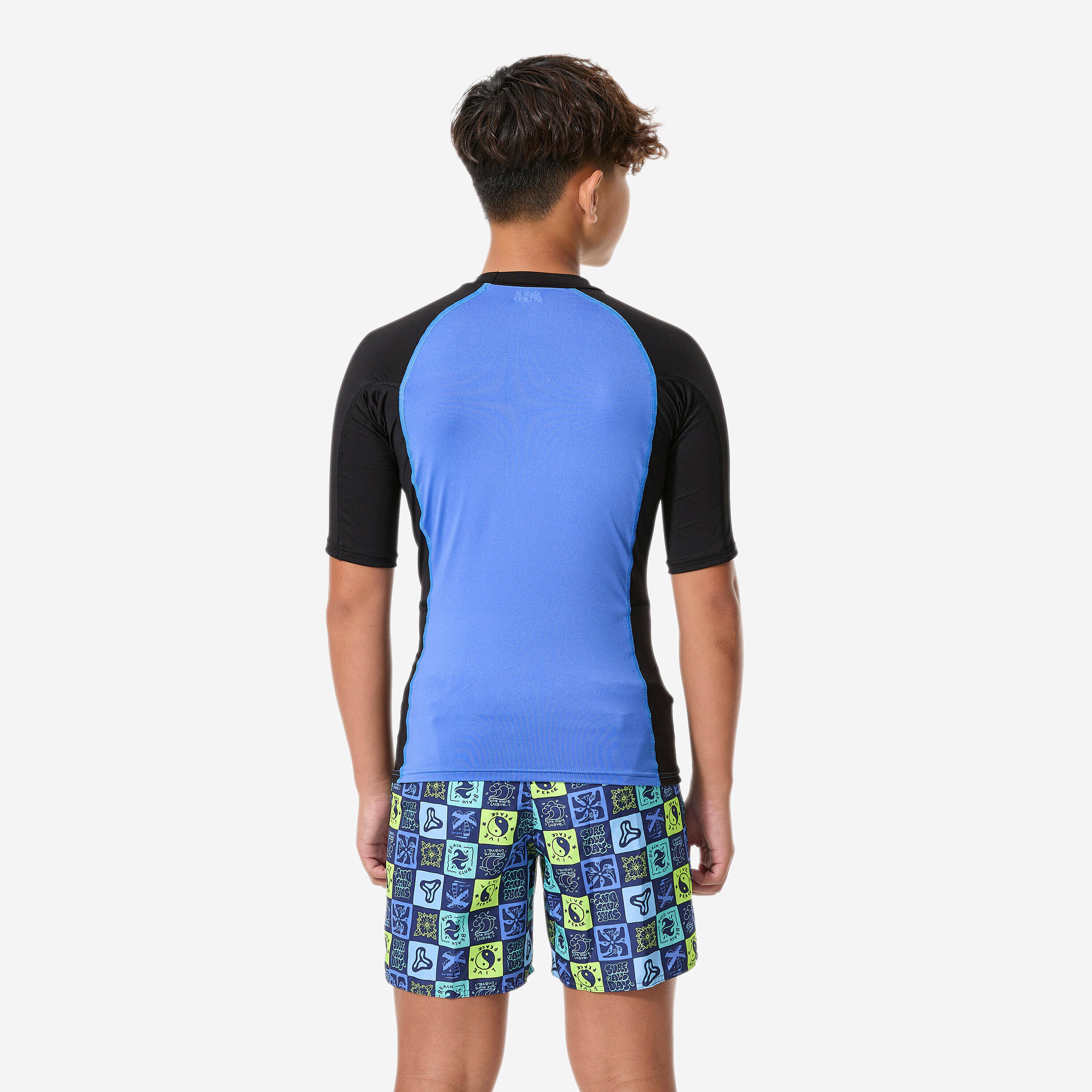 Boys’ surfing short sleeve UV-protection top, 500 black and blue -  4