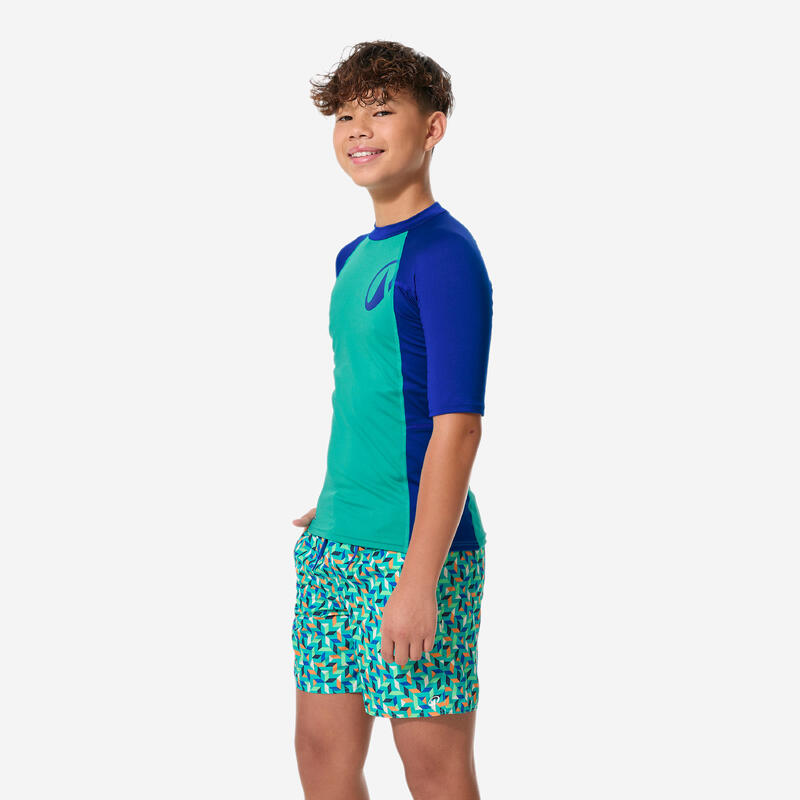 Çocuk Slim Fit Kısa Kollu UV Korumalı Tişört - Mavi/Yeşil - 500