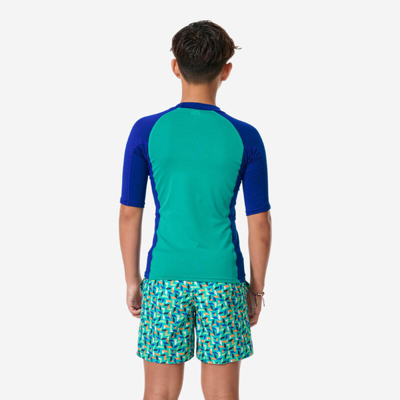 Çocuk Slim Fit Kısa Kollu UV Korumalı Tişört - Mavi/Yeşil - 500
