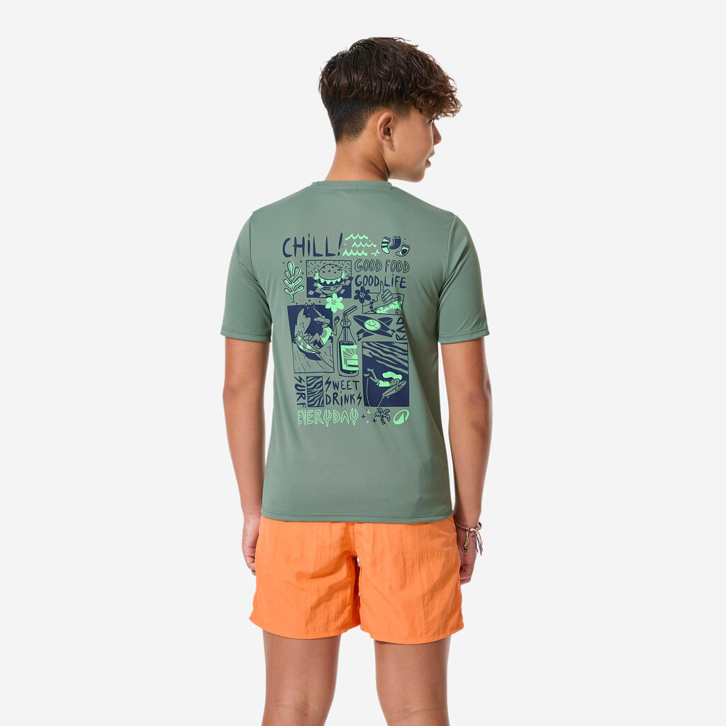 Kids’ surfing short sleeve UV-protection t-shirt - 100 Surf Everyday khaki