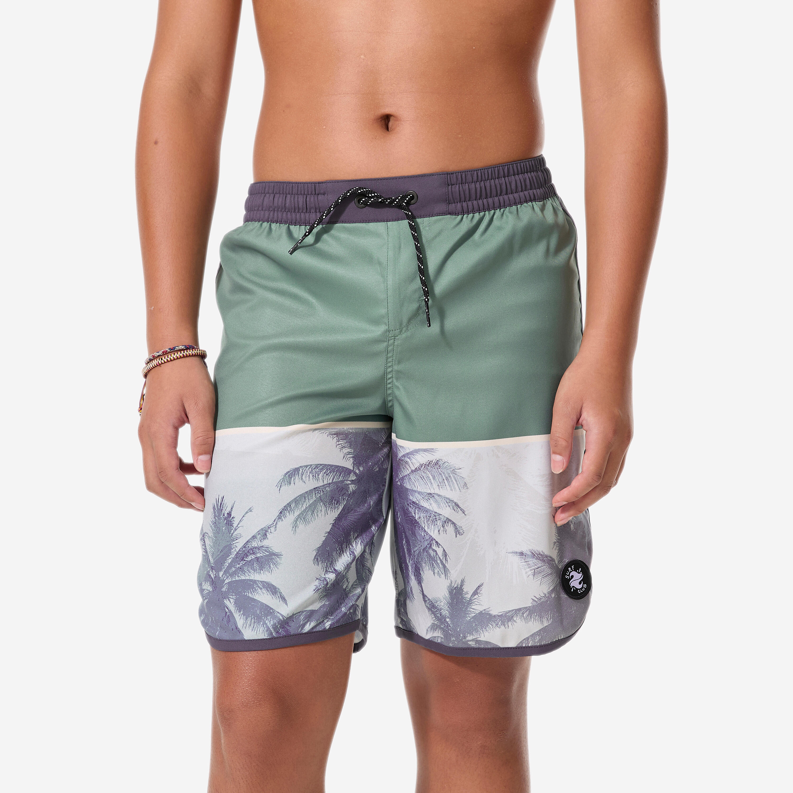 Kids’ surfing swim shorts, 500 Photopalm khaki