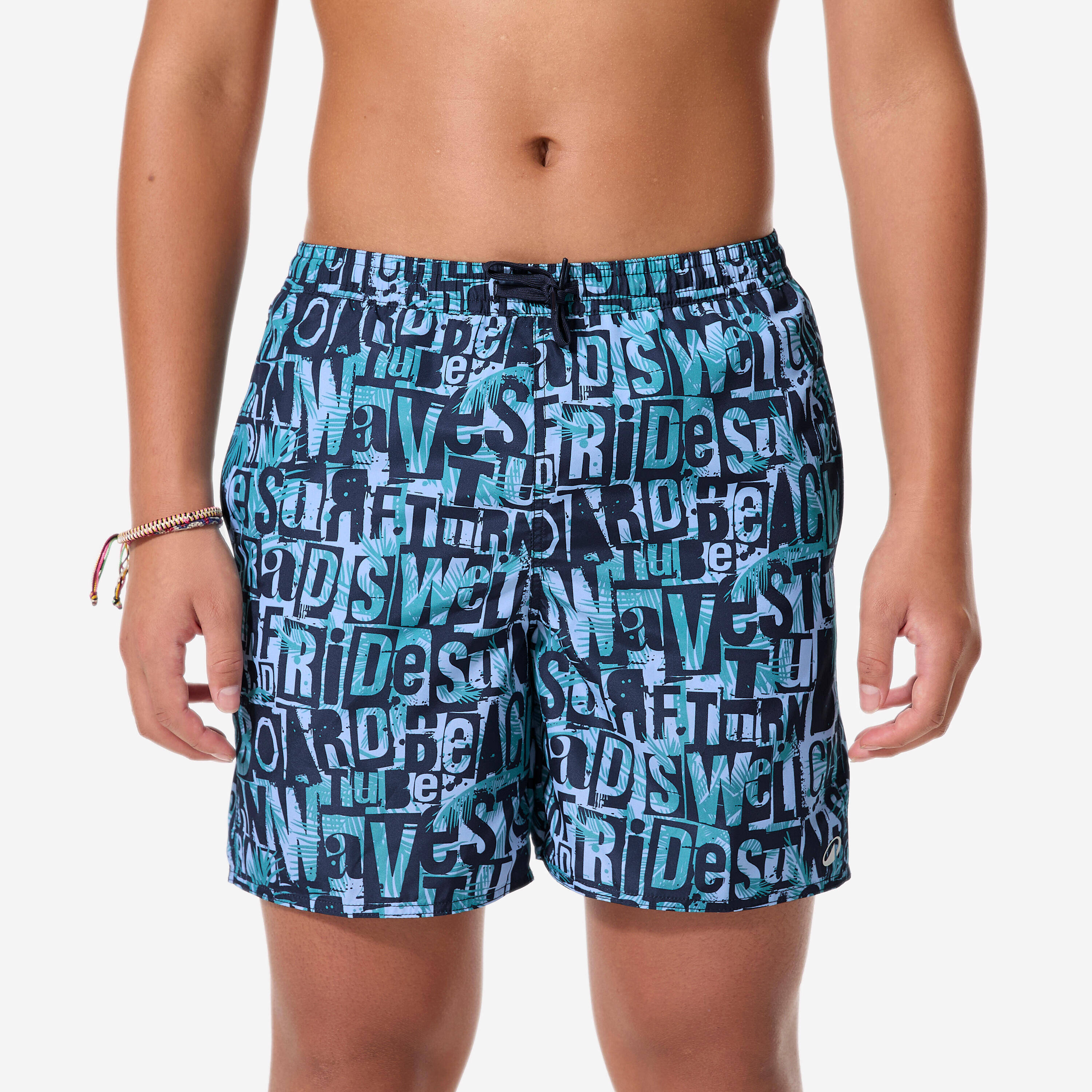 Kids’ surfing swim shorts, 100 Typestree blue -  1
