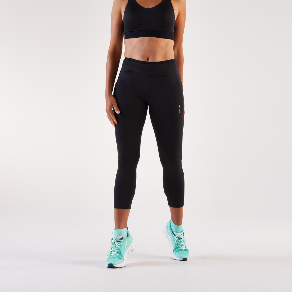 Women's Cropped Running Leggings Breathable - KIPRUN Run 500 Comfort - Black