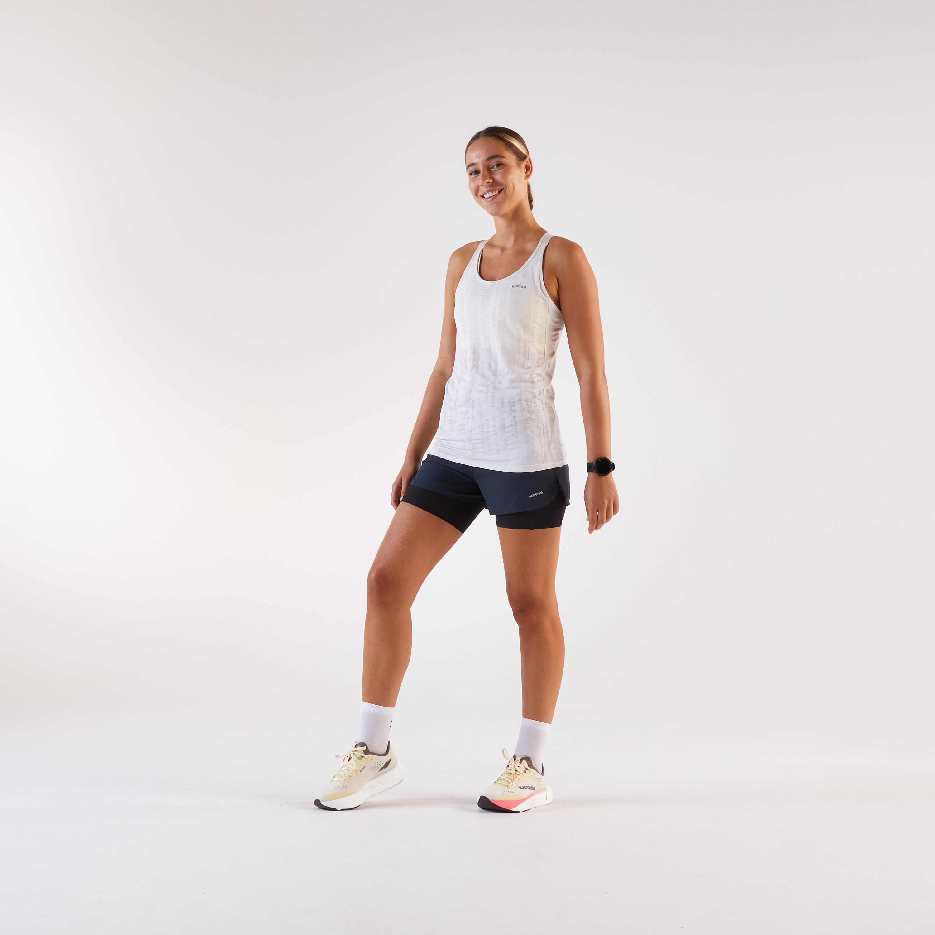 Canotta con reggiseno running donna RUN 500 COMFORT beige 2/8