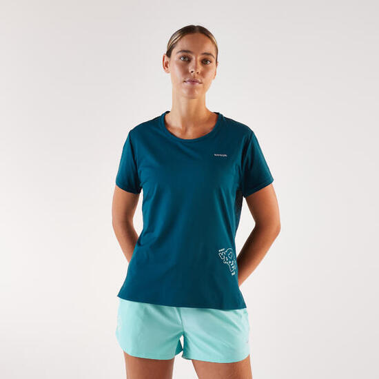 Maglia running donna RUN DRY 500 blu-verde