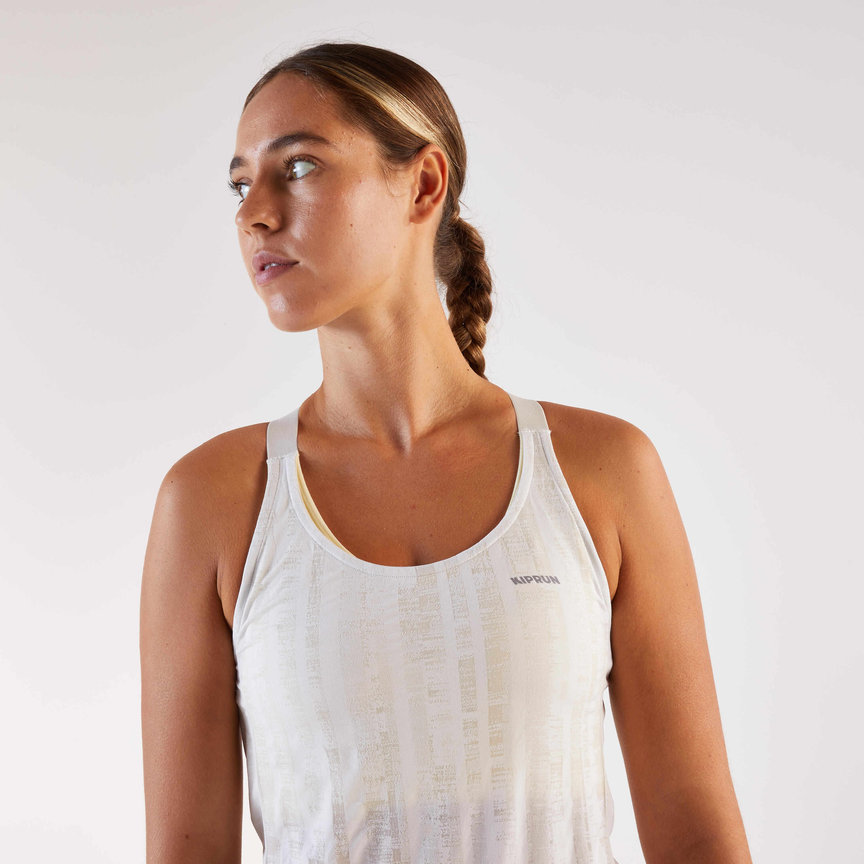 Canotta con reggiseno running donna RUN 500 COMFORT beige 7/8