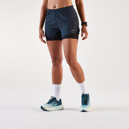 Short 2en1 de running Femme, Kiprun Run 500 Confort noir