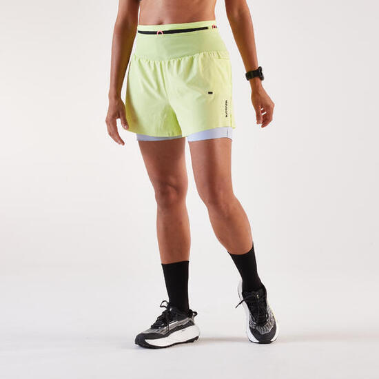 Short 2en1 de trail Femme , Kiprun Run 900 Ultra jaune pastel