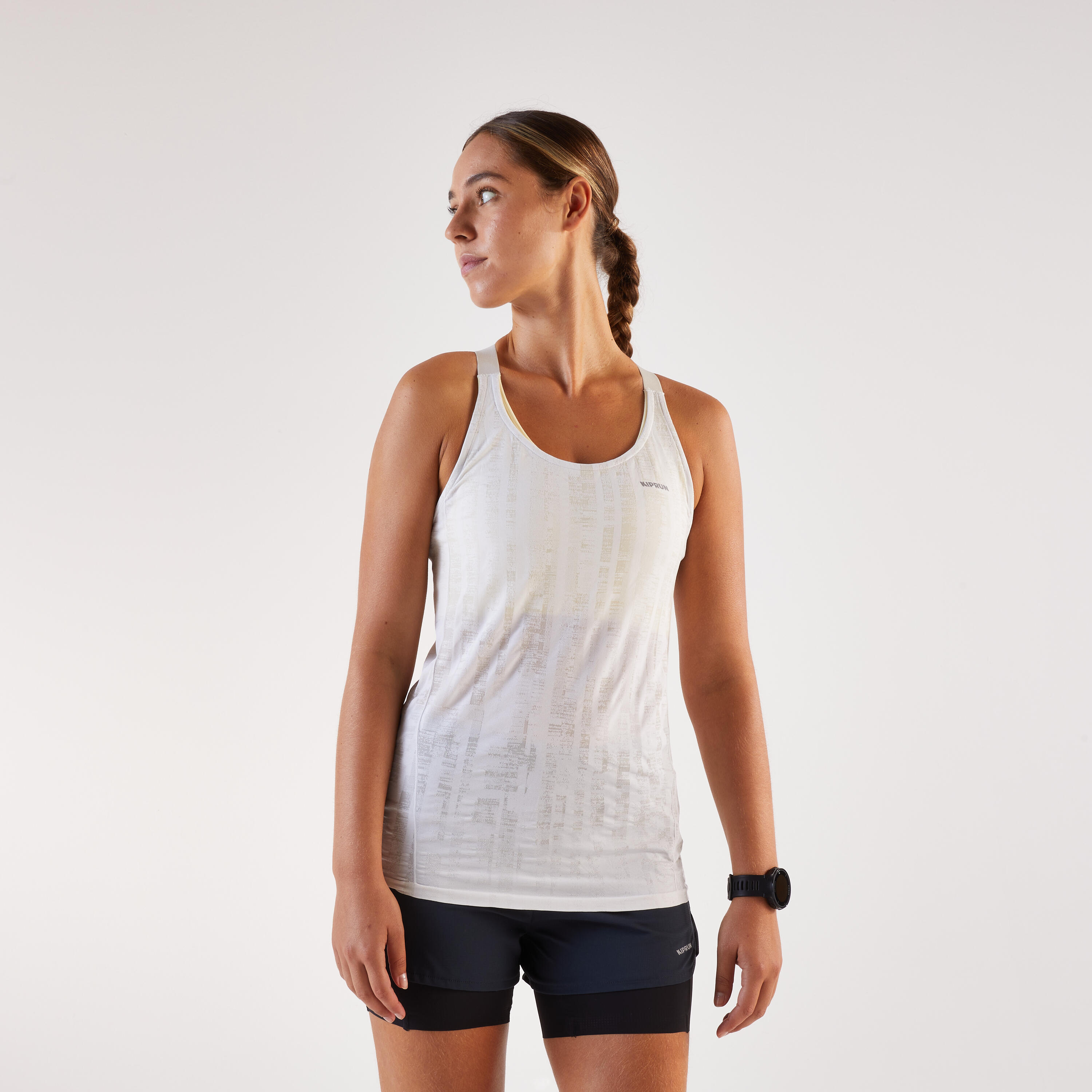Débardeur de running Femme avec brassière intégrée, Kiprun Run 500 Confort beige