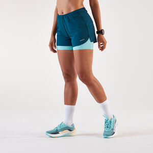 Pantalón corto 2 en 1 running y trail Mujer, Kiprun Run 500 Confort azulón