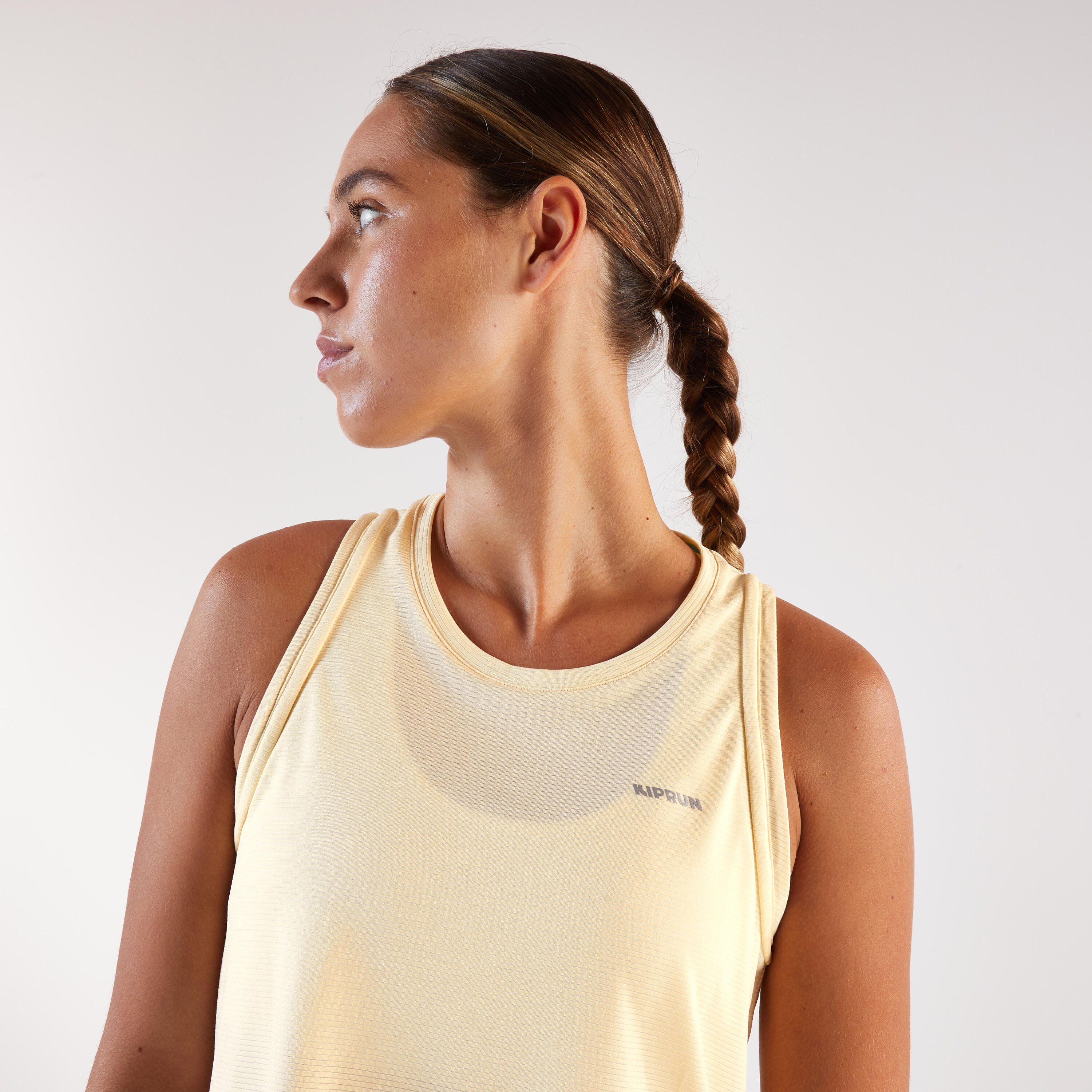 Lauf-Tanktop kurz Damen atmungsaktiv, Kiprun Run 500 gelb 6/13