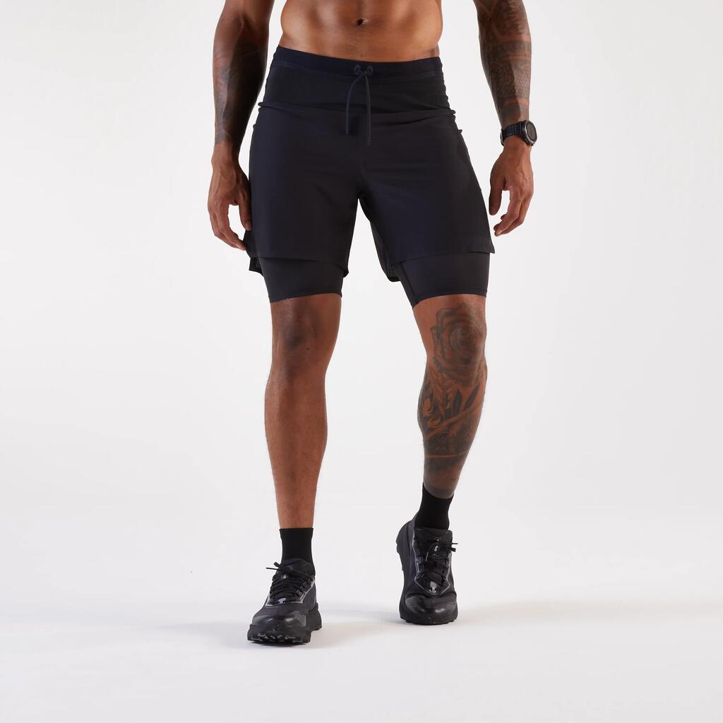 Men's 2in1 long-distance trail running shorts, Kiprun run ultra 900 black