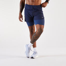 Short 2 en 1 de running Homme, Kiprun Run 500 Confort bleu marine