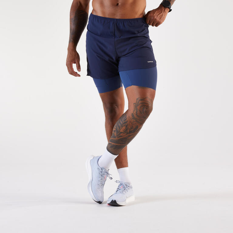 Men's Kiprun Run 500 Comfort 2-in-1 running shorts in navy blue