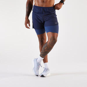 Pantalón corto 2 en 1 de running Hombre, Kiprun Run 500 Confort azul marino