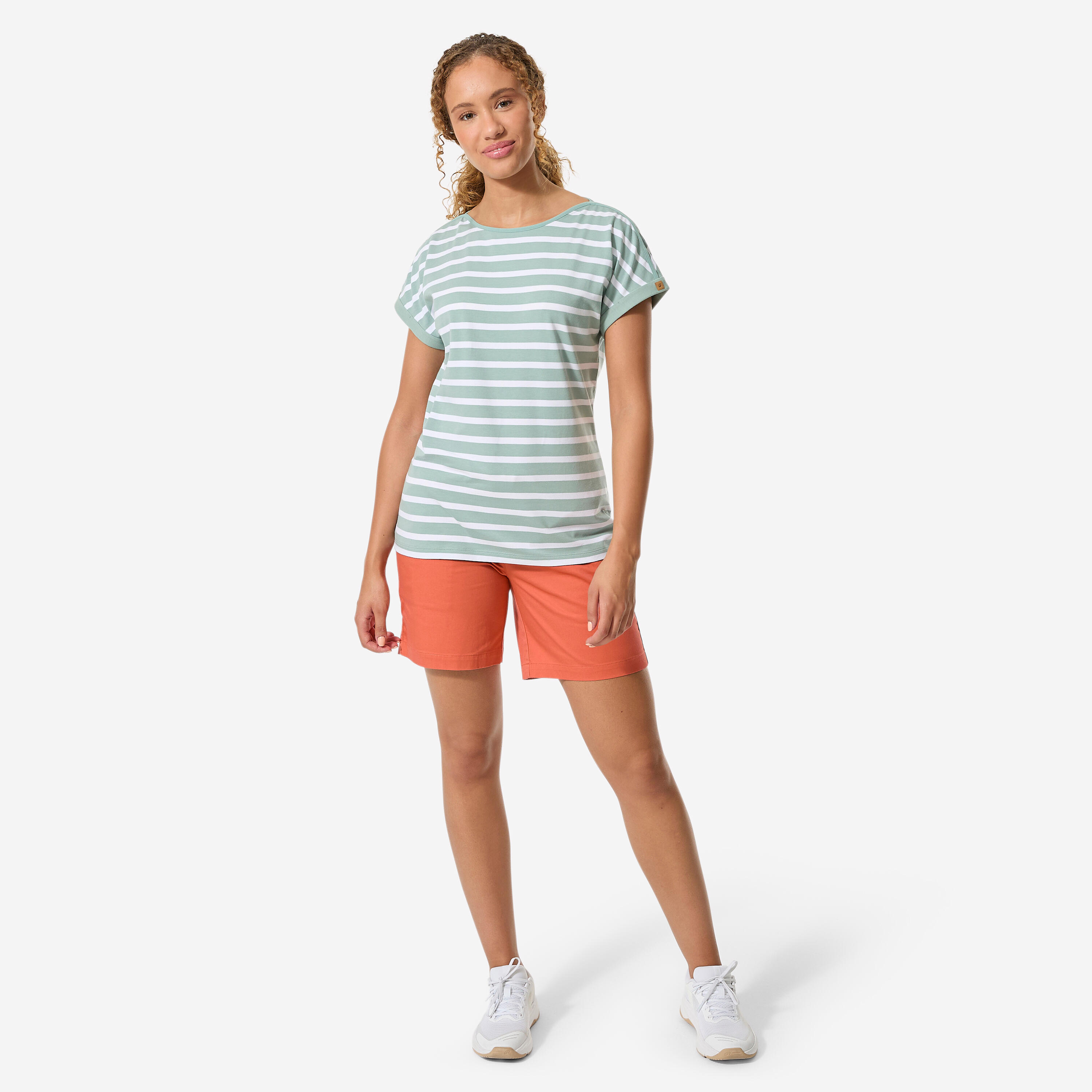 T-shirt marinière voile manches courtes femme sailing 100 kaki blanc 2/7