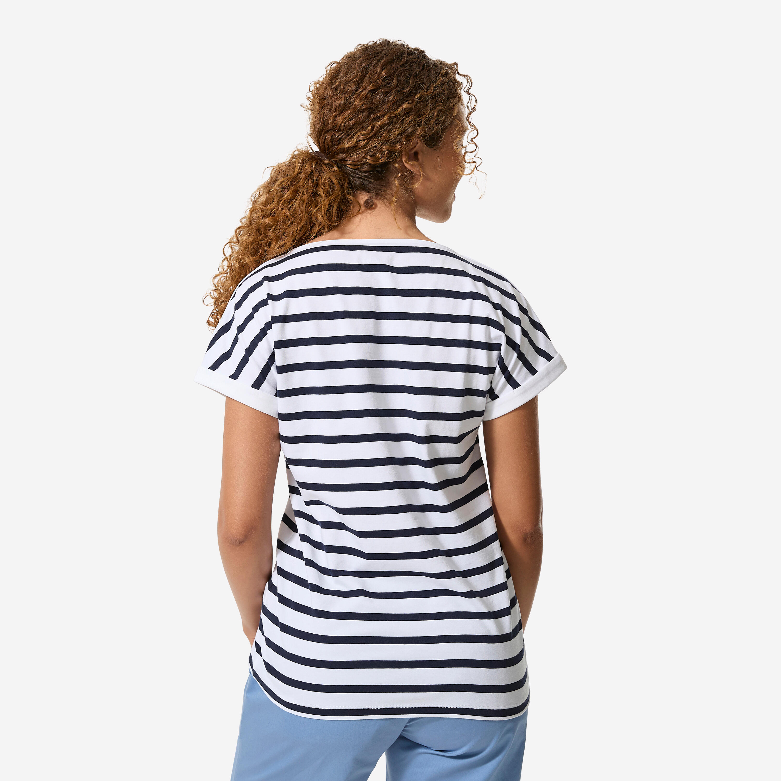 T-shirt marinière voile manches courtes femme sailing 100 blanc bleu marine 3/7