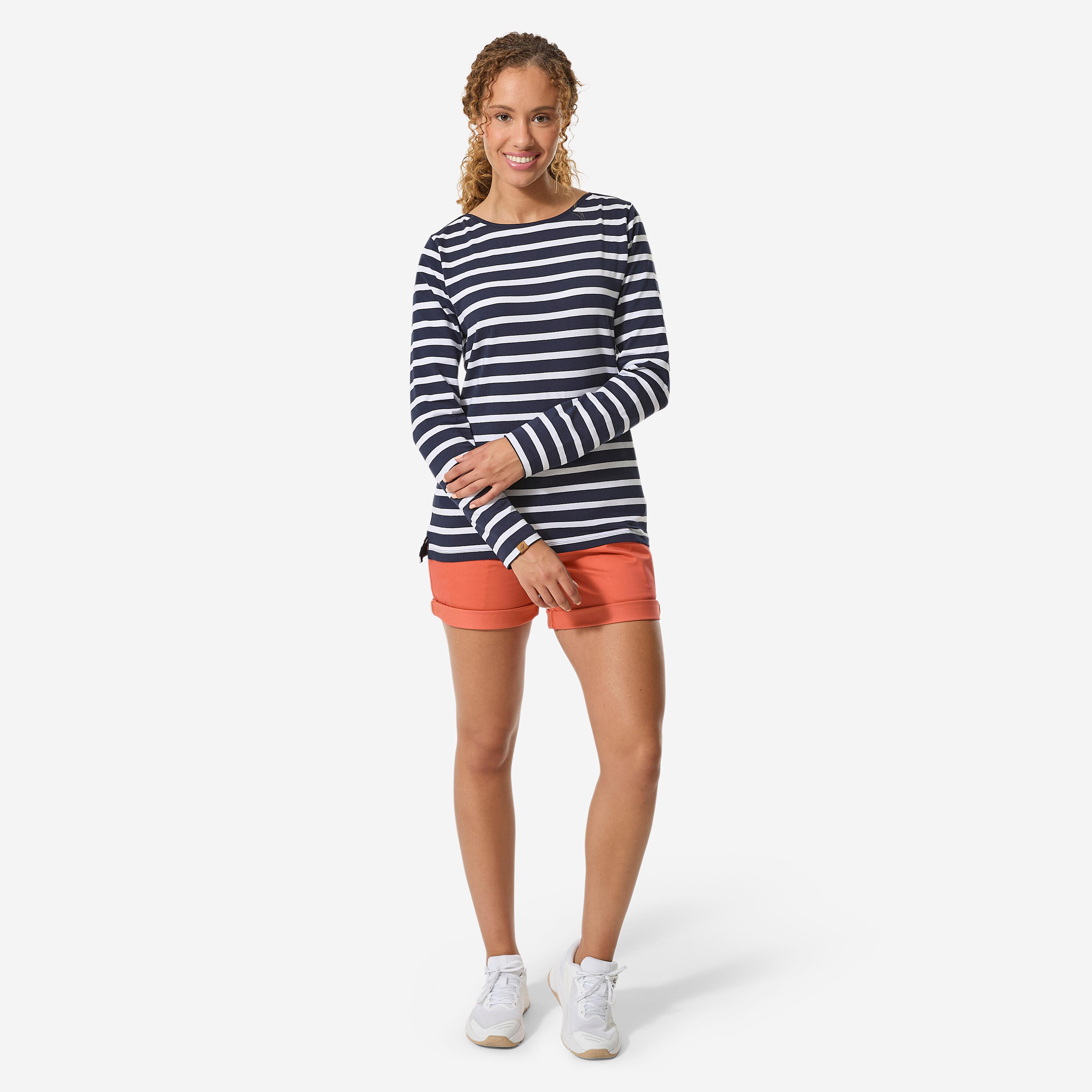 Tee-shirt marinière femme manches longues femme, 100 bleu marine blanc 2/8