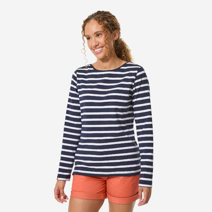Tee-shirt marinière manches longues Femme Sailing 100 Blanc bleu