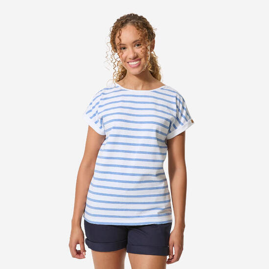 T-shirt marinière voile manches courtes femme sailing 100 blanc chiné