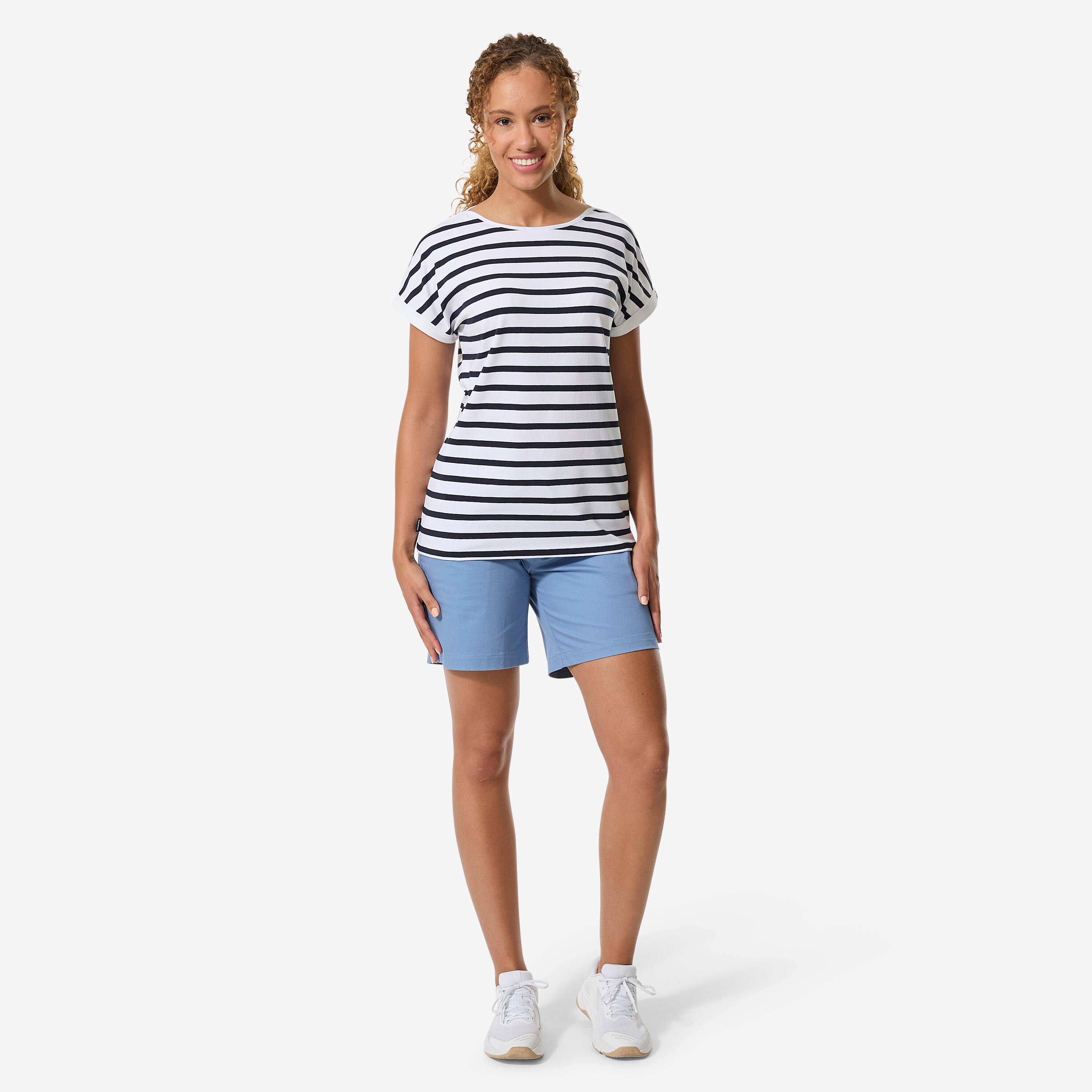 T-shirt marinière voile manches courtes femme sailing 100 blanc bleu marine 2/7