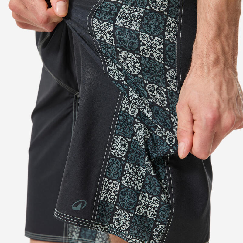 Erkek Uzun 19" Deniz Şortu/Boardshort - Siyah - Desenli - 500 ARCH