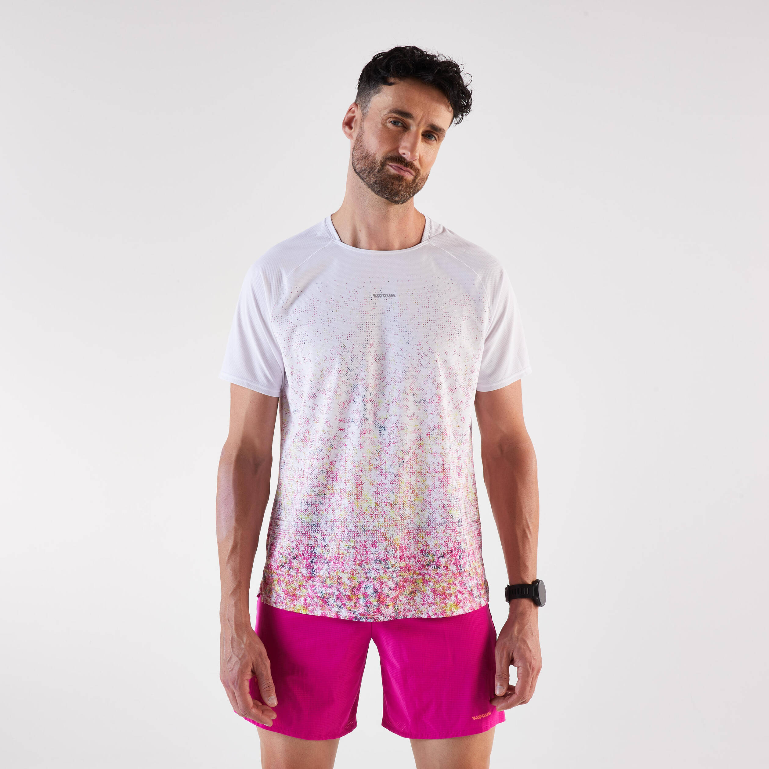 Men's trail running T-shirt, Kiprun Run 500 pink and white