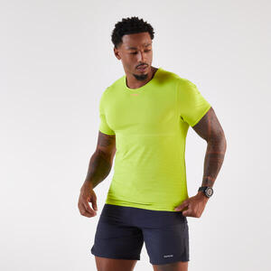 Camiseta running larga distancia hombre - kiprun run 900 ultra verde y rosa