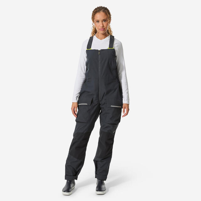Women’s sailing dungarees, 500 dark grey neon yellow