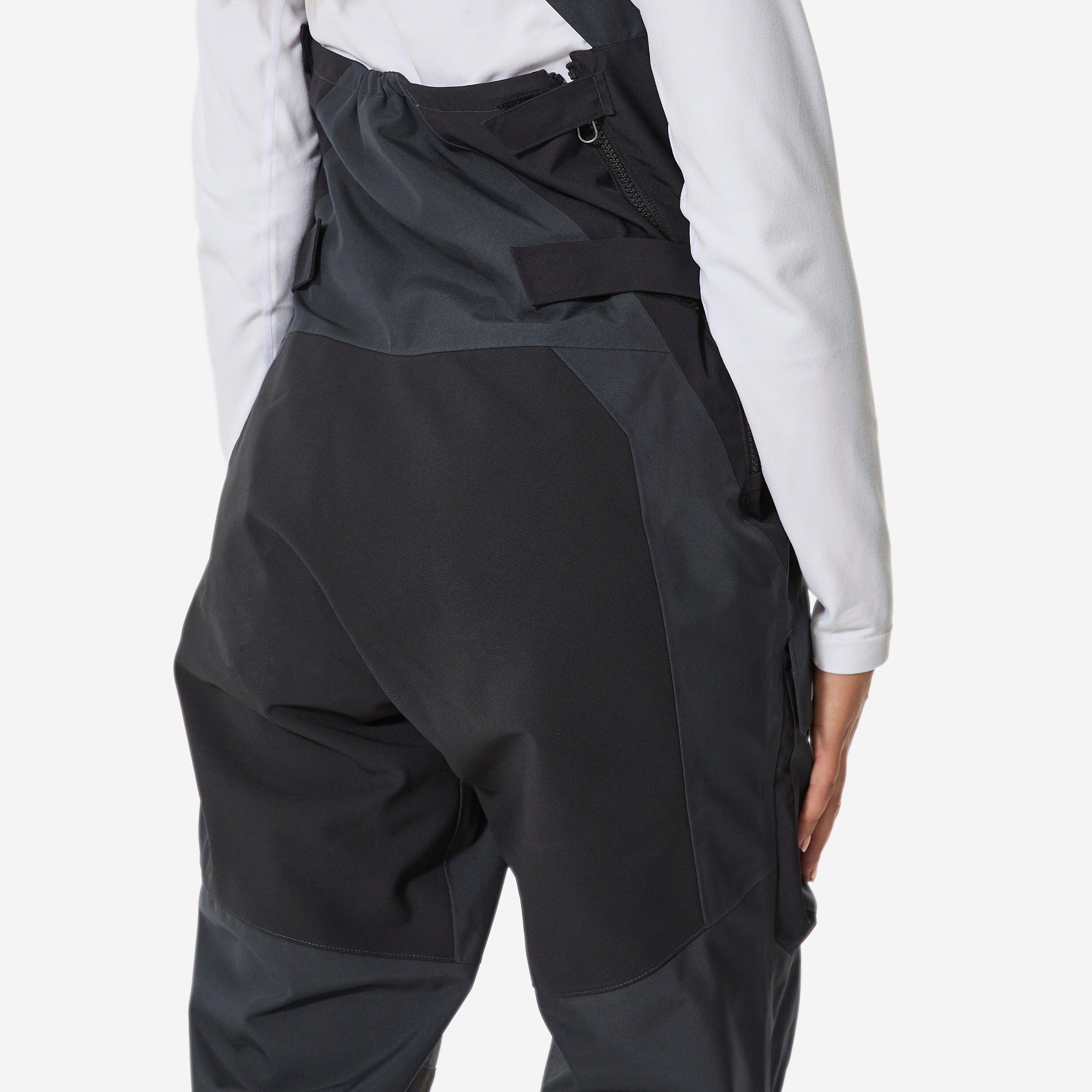 Women’s sailing dungarees, 500 dark grey neon yellow 8/13