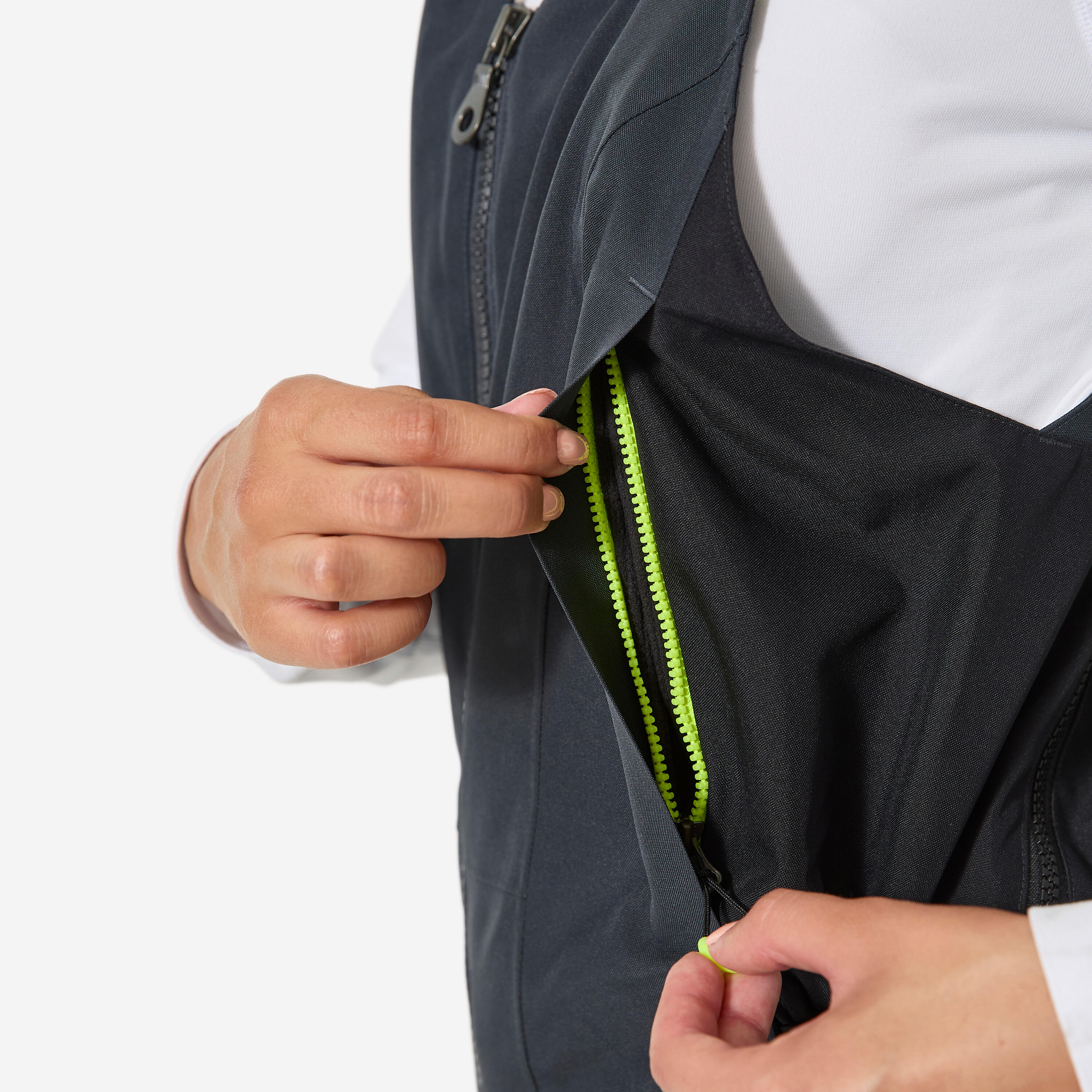 Women’s sailing dungarees, 500 dark grey neon yellow 6/13