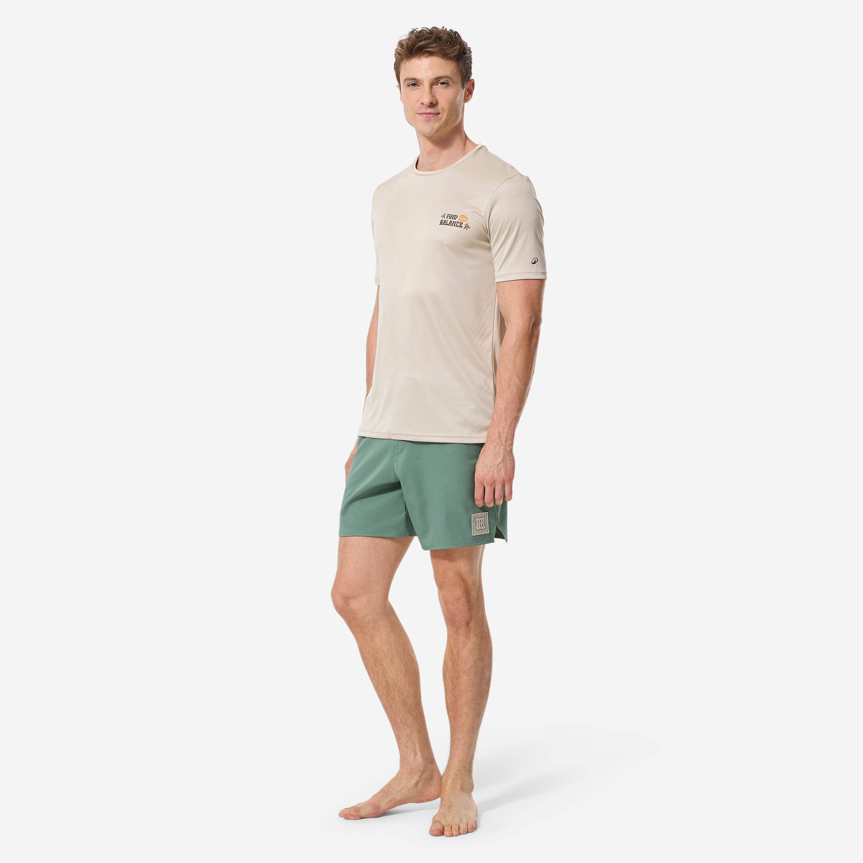 Men’s surfing short sleeve UV-protection t-shirt, Print Beige -  3