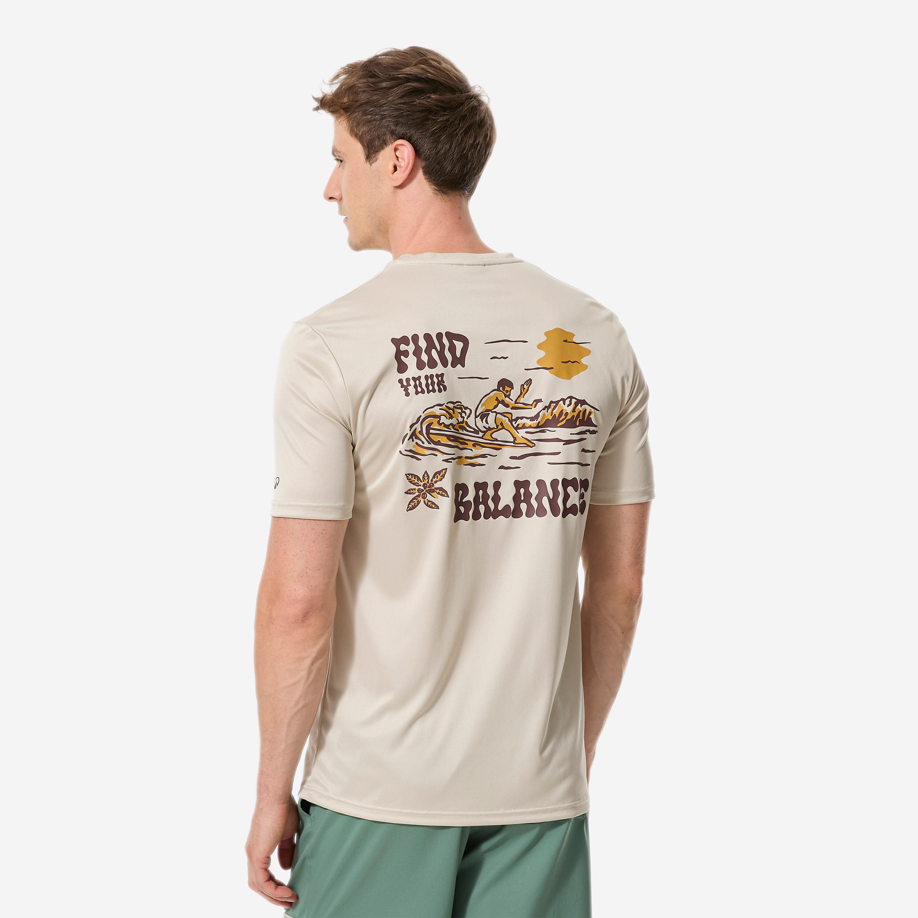 Men’s surfing short sleeve UV-protection t-shirt, Print Beige