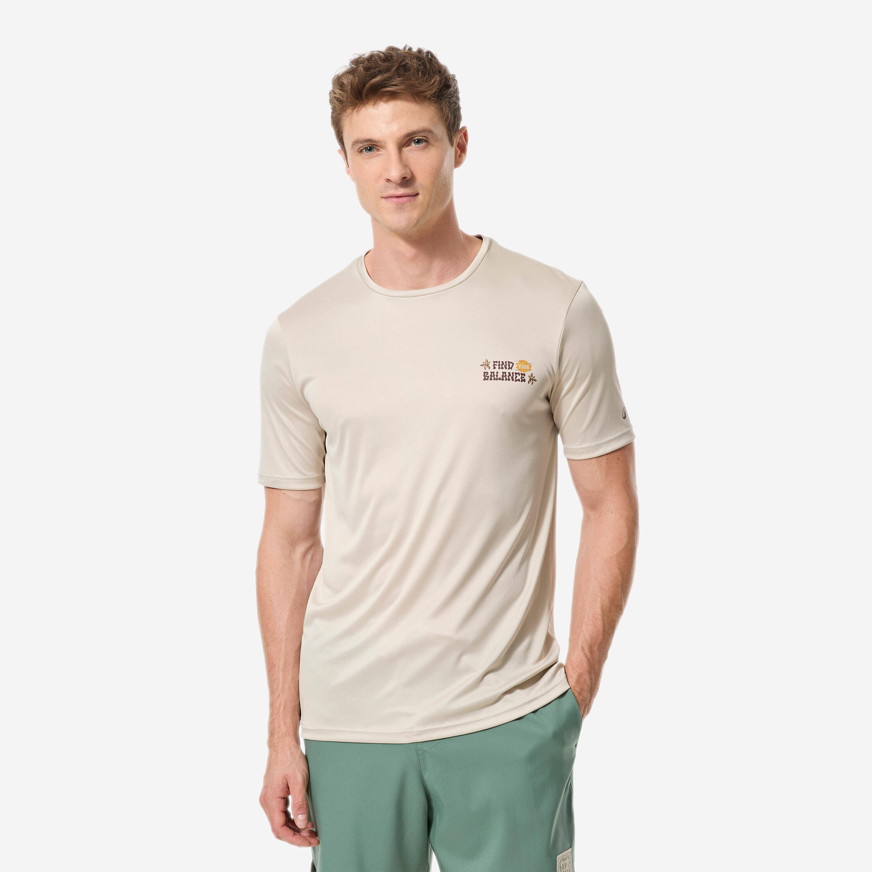 Men’s surfing short sleeve UV-protection t-shirt, Print Beige -  4