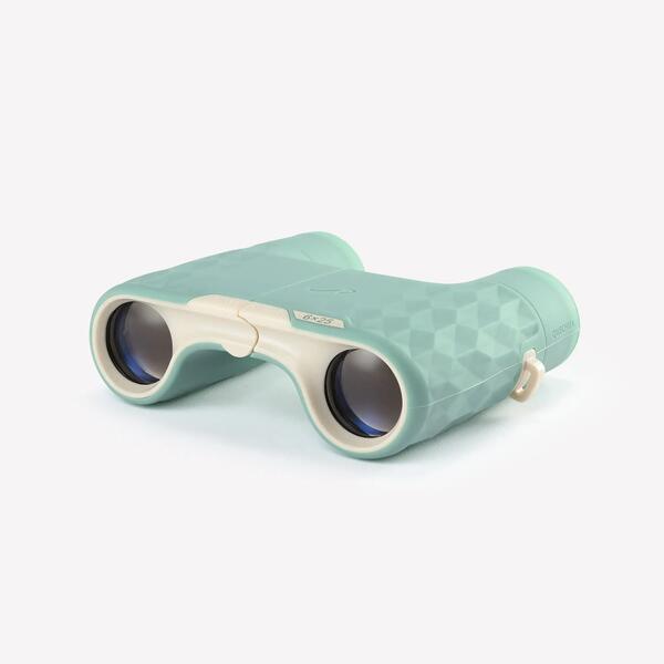 Compact green binoculars with a neck strap