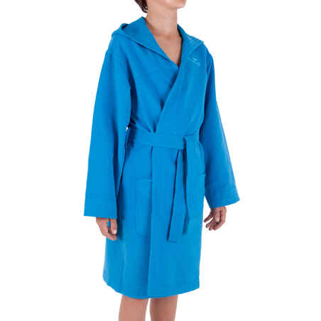 Plavi kompaktni ogrtač od mikrovlakana za djecu s kapuljačom i pojasom