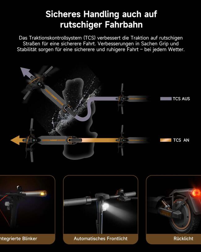 Schwarzer Elektro-Scooter mit orangefarbenen Blinkerlichtern, leuchtendem weißen Frontlicht und rotem Rücklicht auf dunklem Hintergrund.