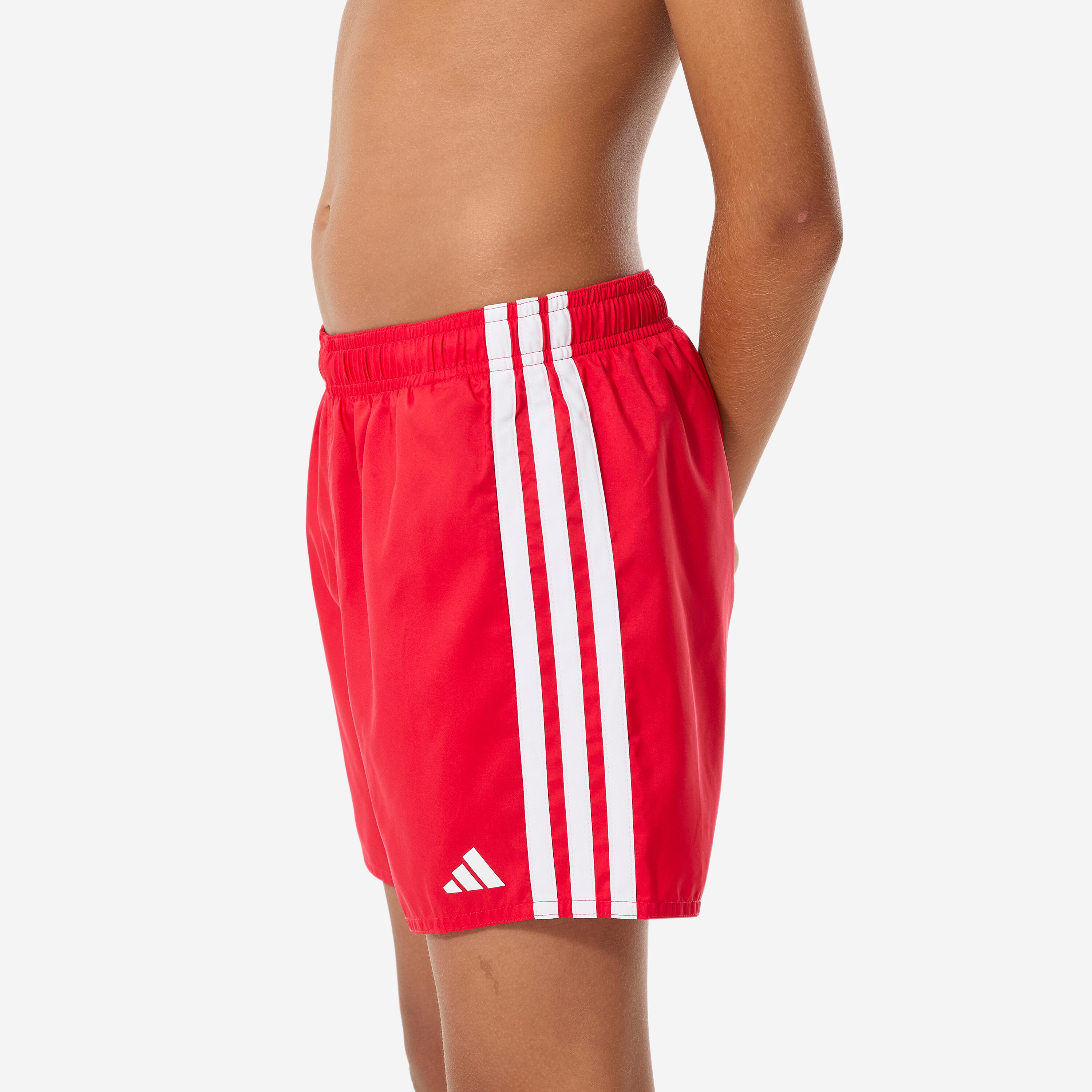 Short de bain garçon, Swimshort 3 bandes Adidas rouge et blanc 5/12