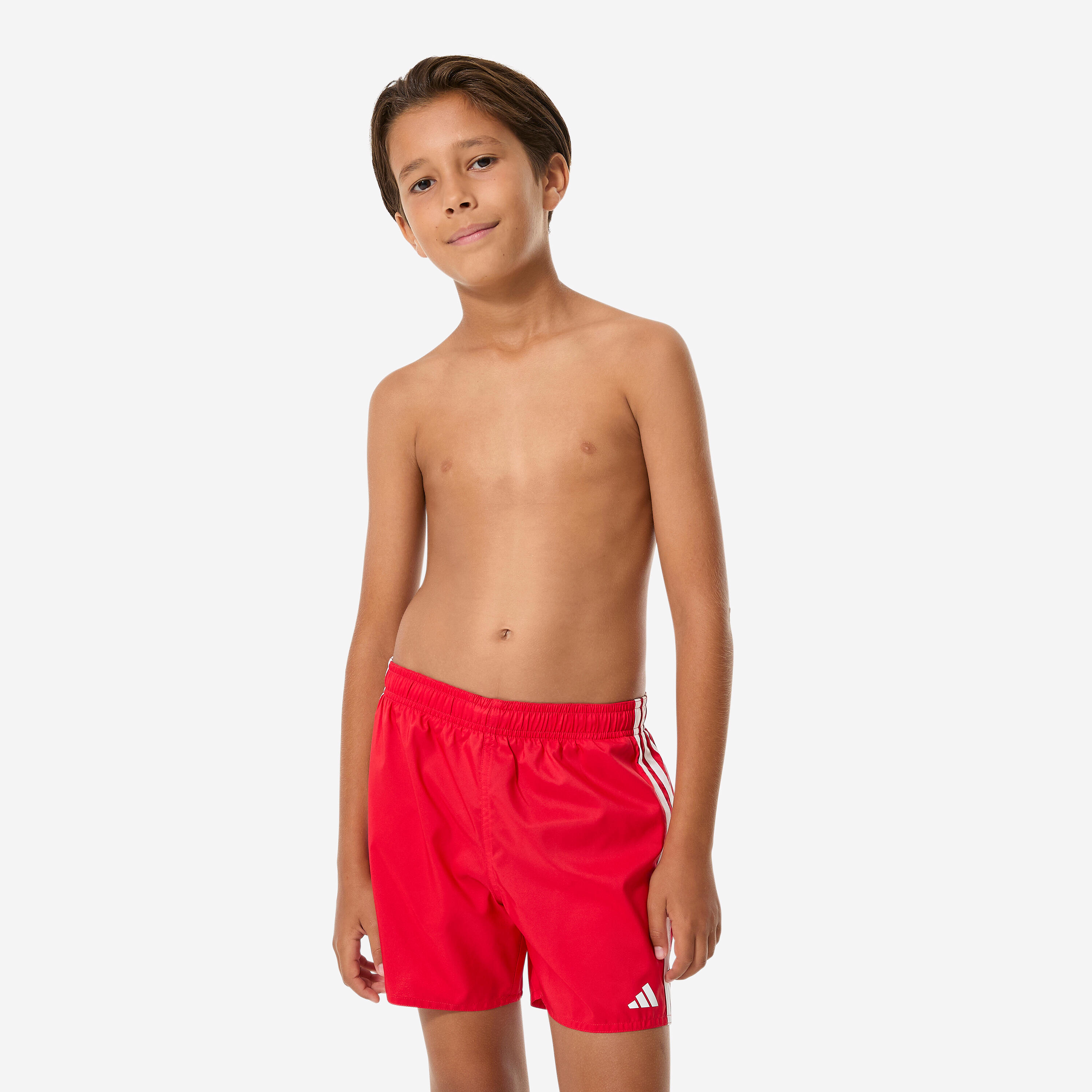 Short de bain garçon, Swimshort 3 bandes Adidas rouge et blanc 3/12