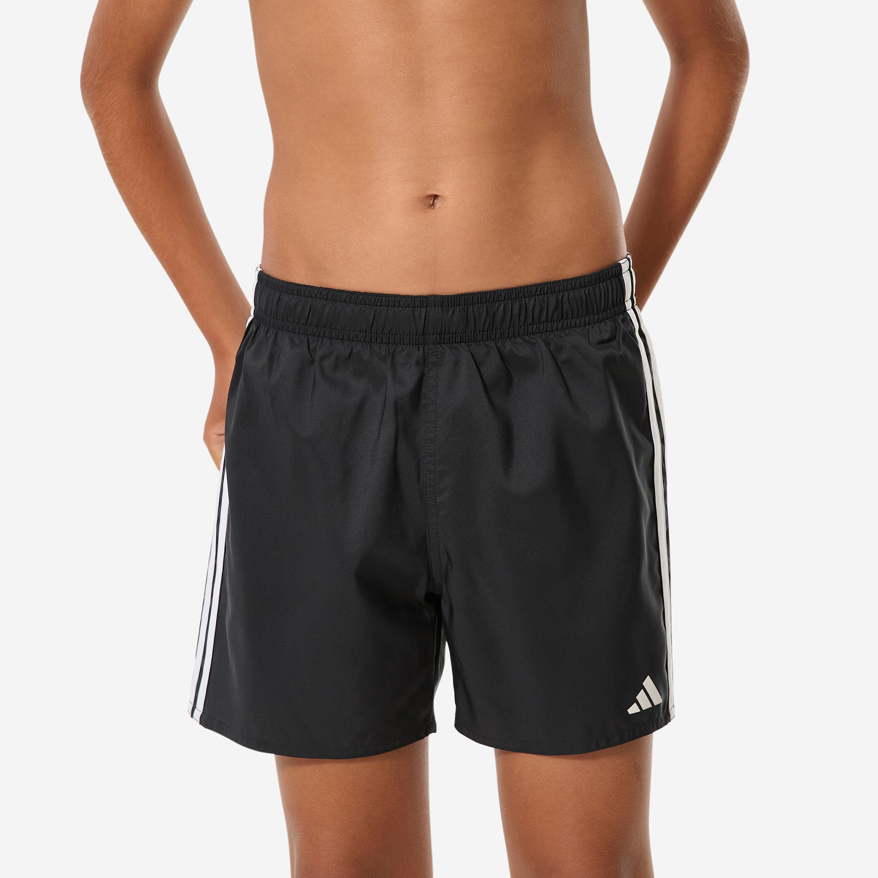 Short de bain garçon, Swimshort 3 bandes Adidas noir et blanc