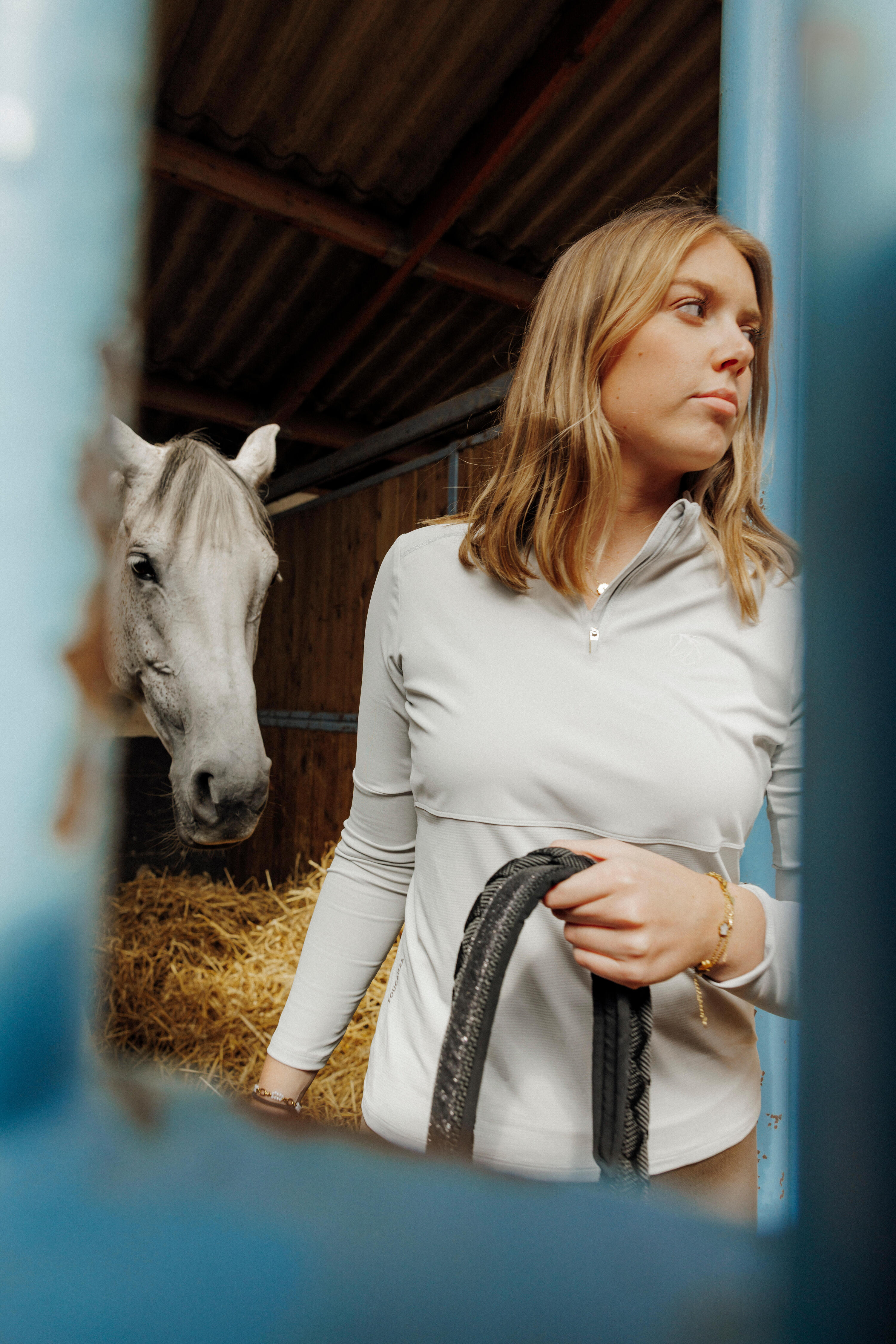 Polo équitation manches longues UV Femme - gris clair 8/9