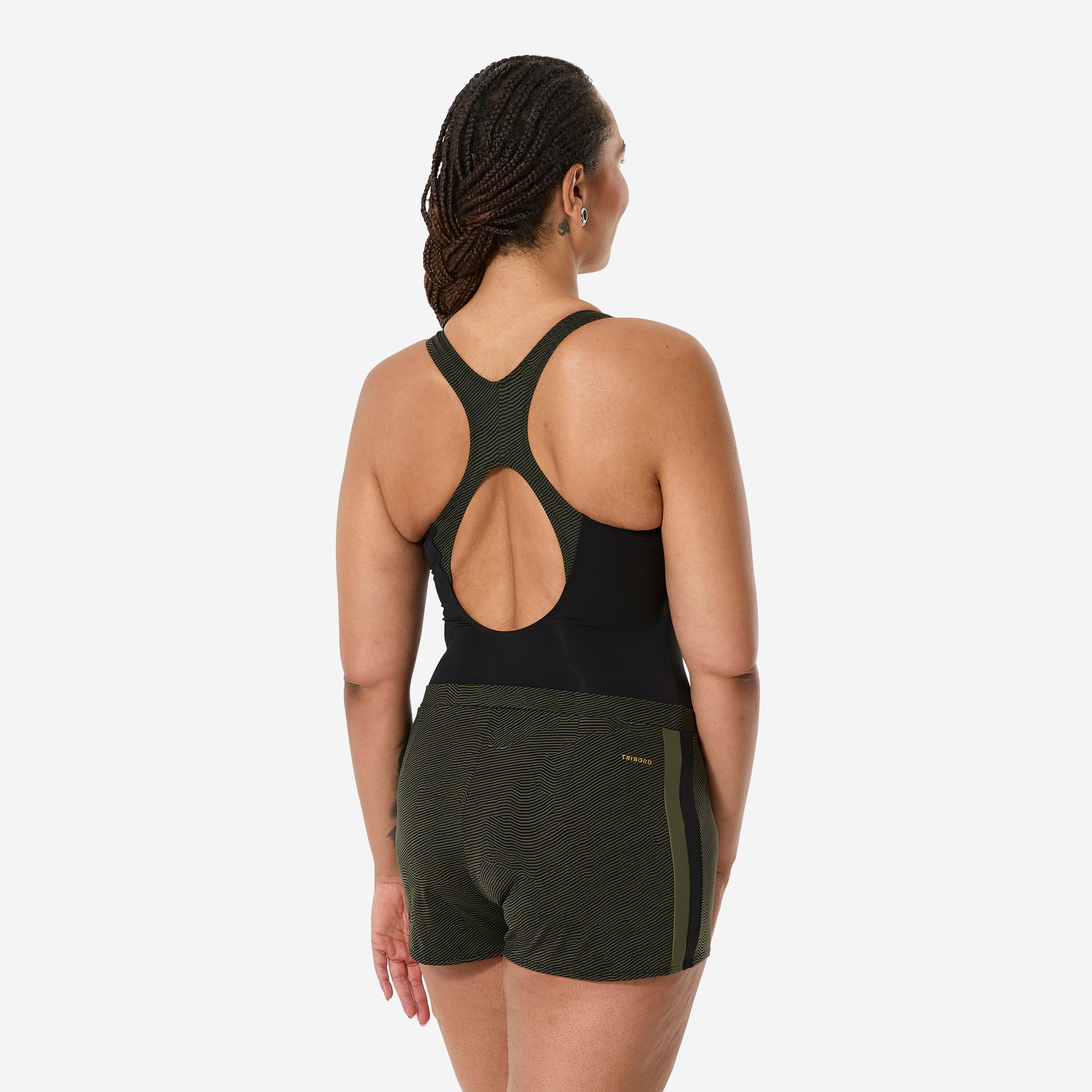 Maillot de bain 1 pièce aquagym shorty loose femme, Sofi sono noir kaki 5/11