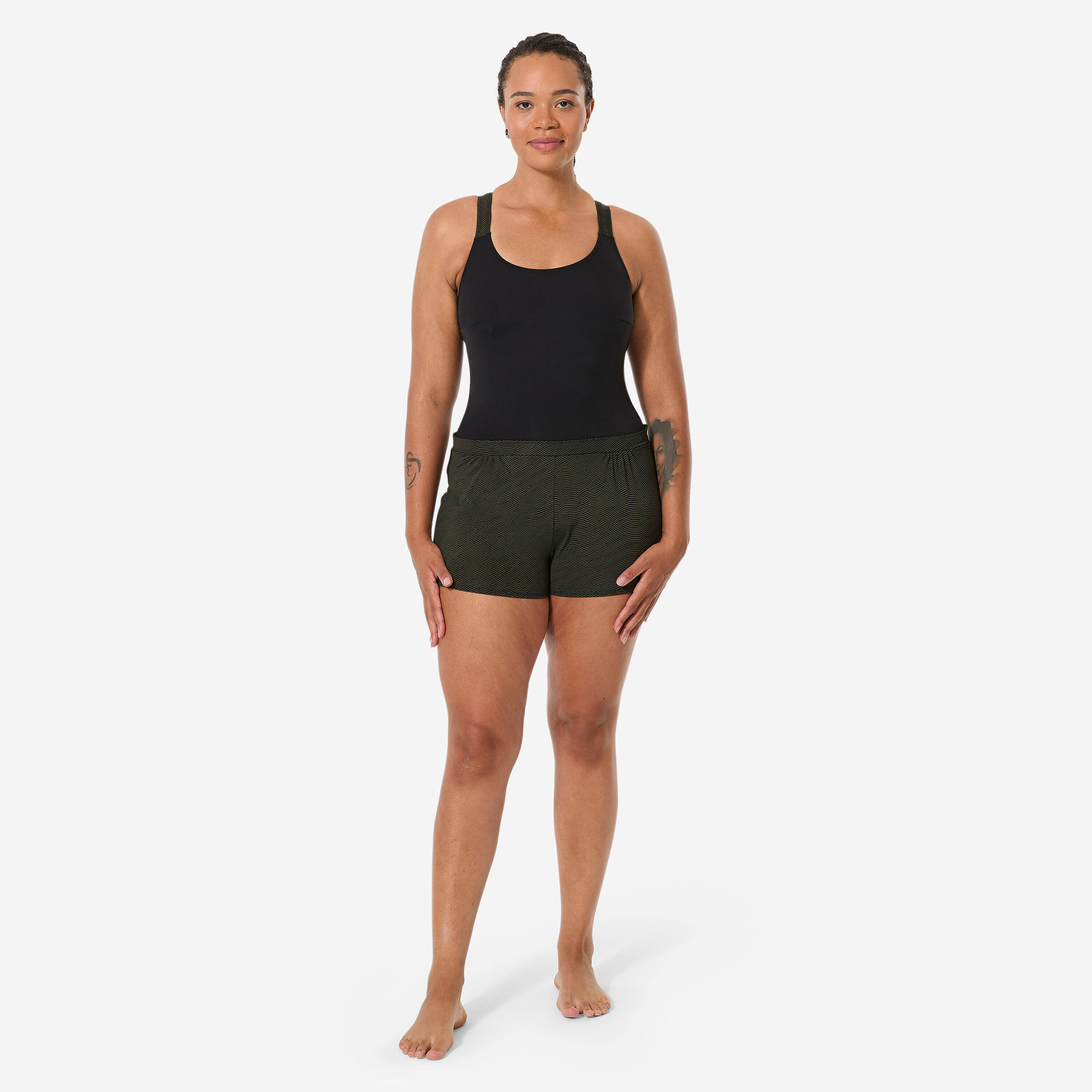 Women’s 1-piece swimsuit for aquafitness, shorty loose, Elea Sono black khaki -  4