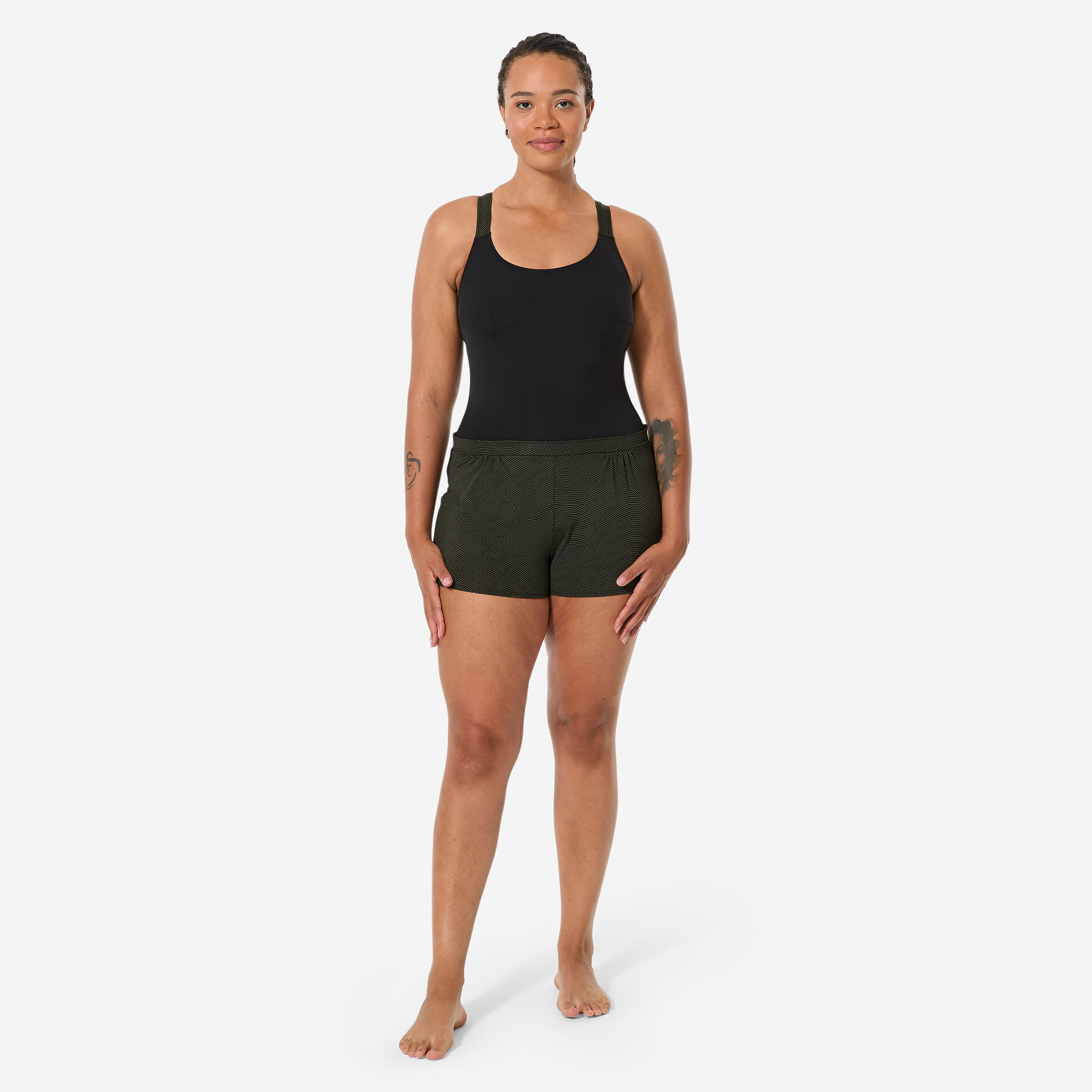 Maillot de bain 1 pièce aquagym shorty loose femme, Sofi sono noir kaki 3/11