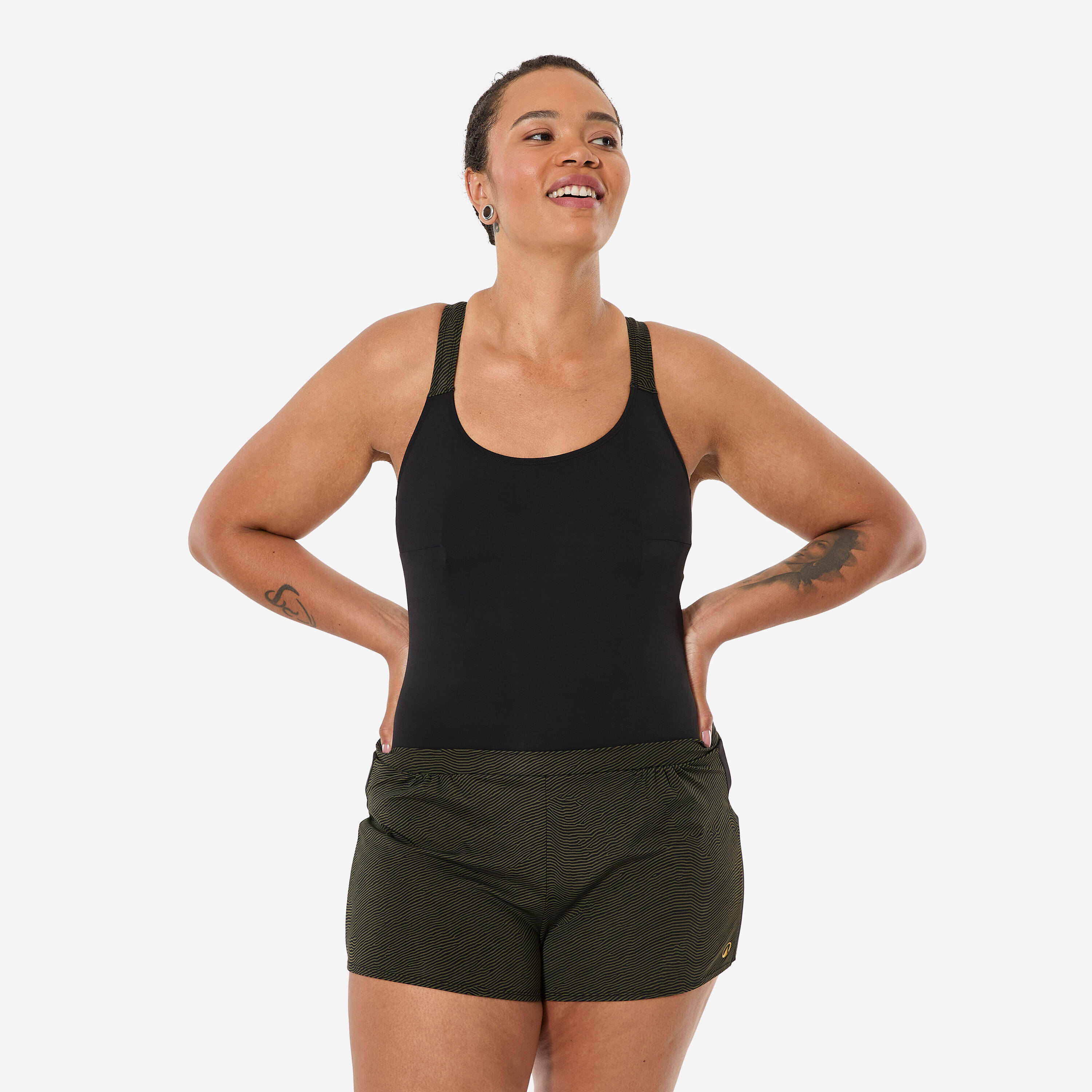 Women’s 1-piece swimsuit for aquafitness, shorty loose, Elea Sono black khaki -  1