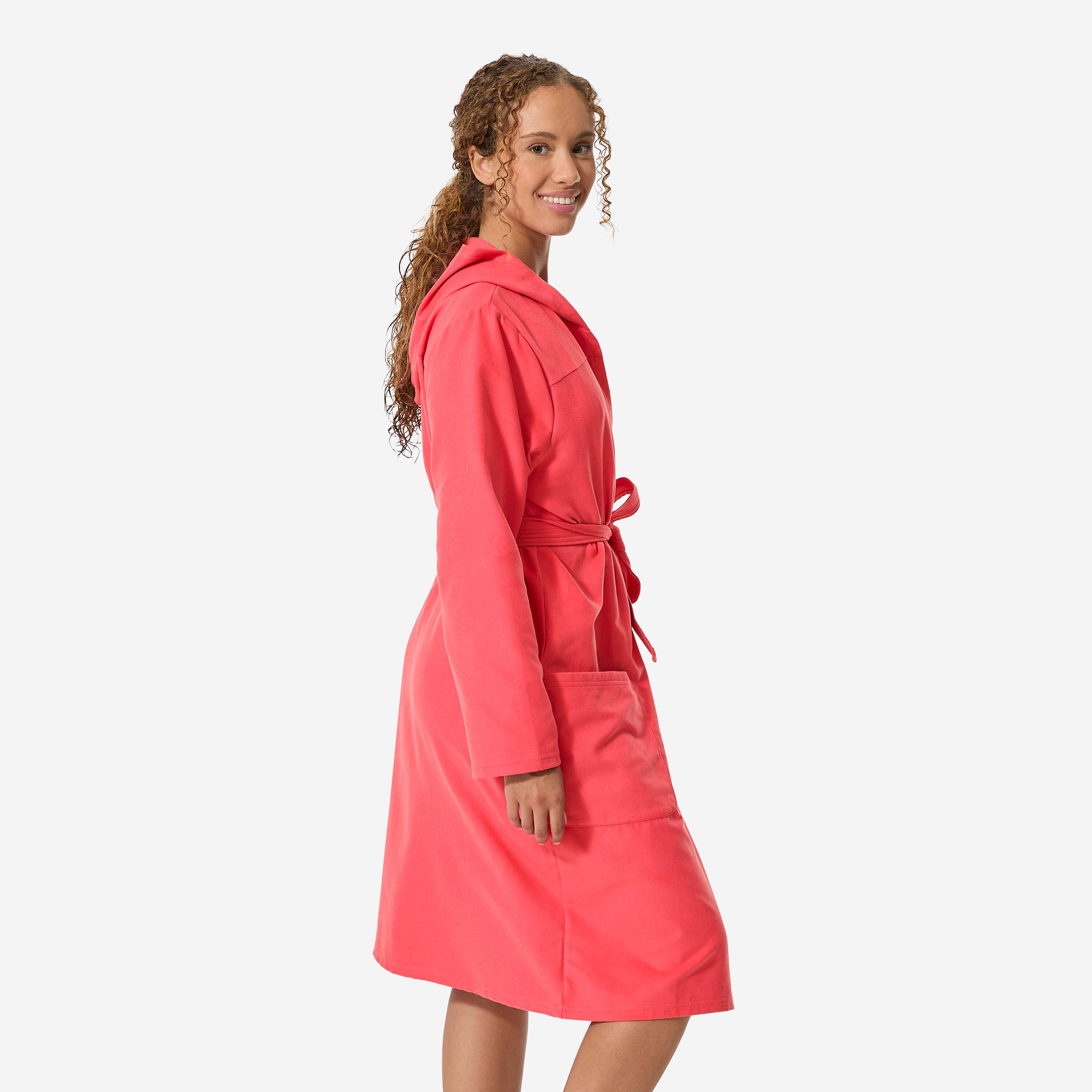Women’s compact microfibre pool bathrobe with hood pink grenade -  4
