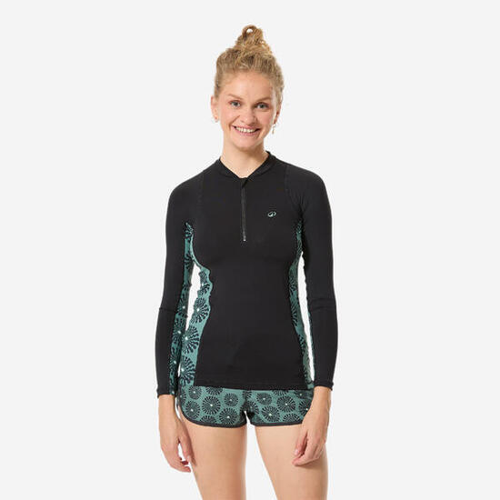 Top anti uv surf manches longues zippé femme, 500 Sunny noir et kaki