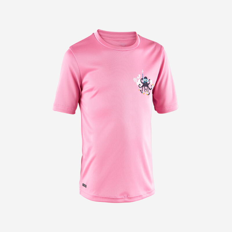 Tricou anti-UV surf 100 UPF50+, UV>95% Poulpy Roz Copii
