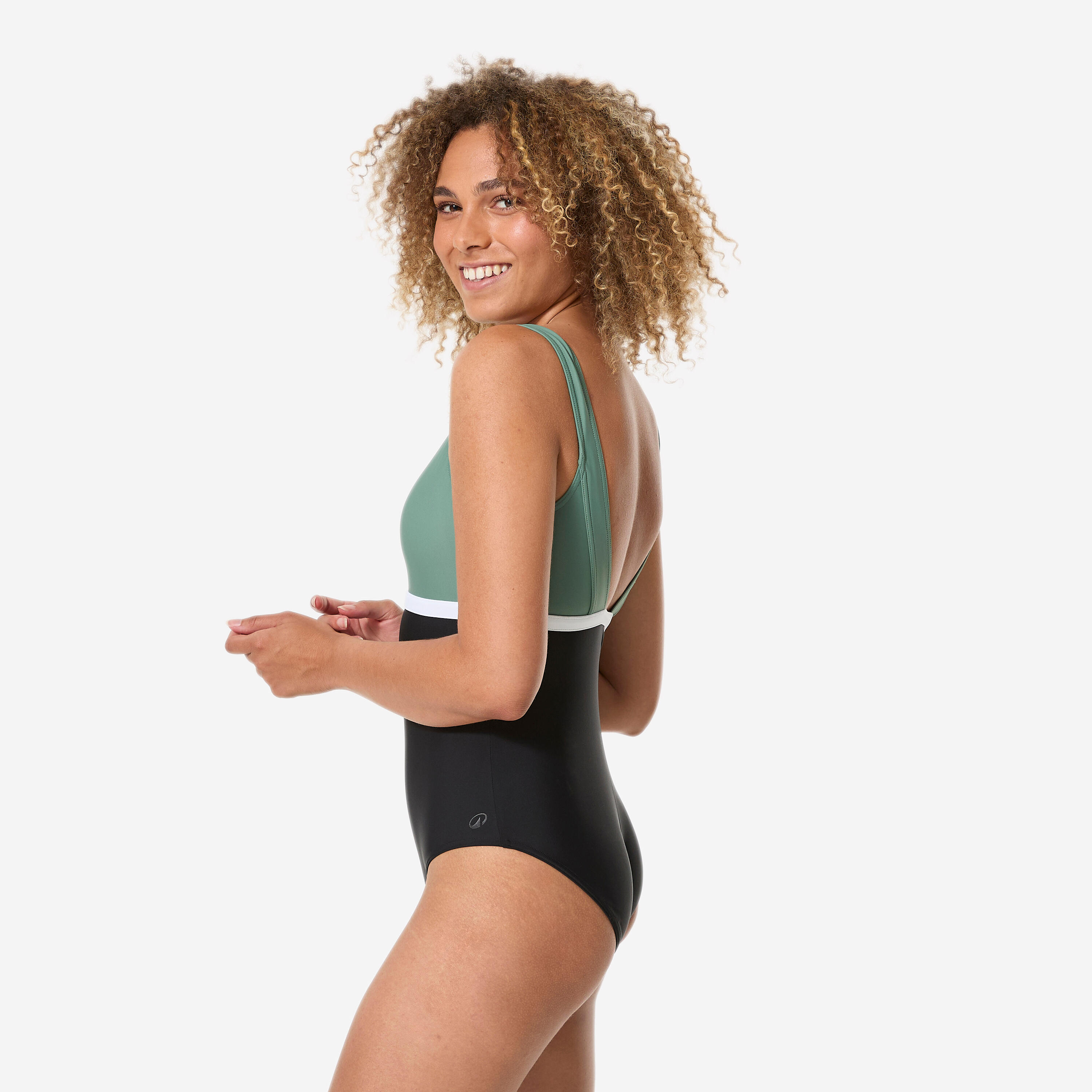 Maillot de bain 1 pièce natation femme, Heva li noir kaki 5/12